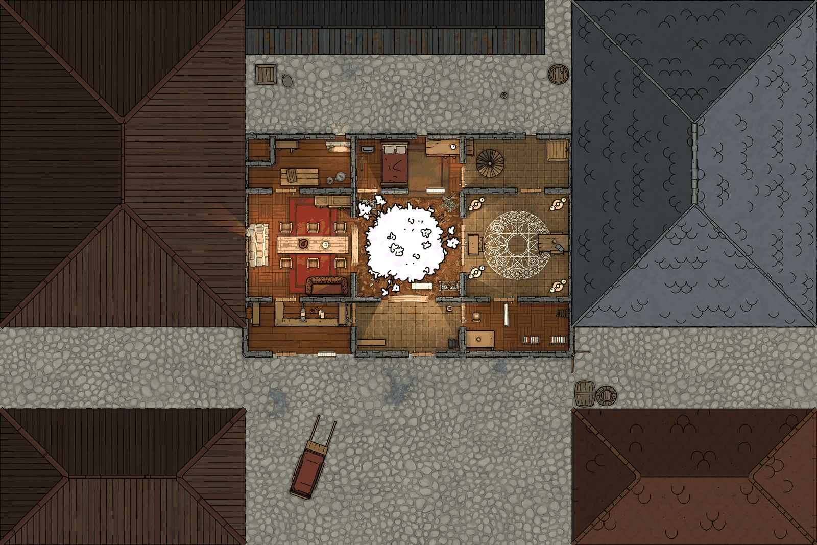 A top-down Dungeondraft battlemap of a two-storey inn: common room with a long table and a fireplace, kitchen, bedrooms, a circular rug, and cobbled streets with neighbouring rooftops around it
